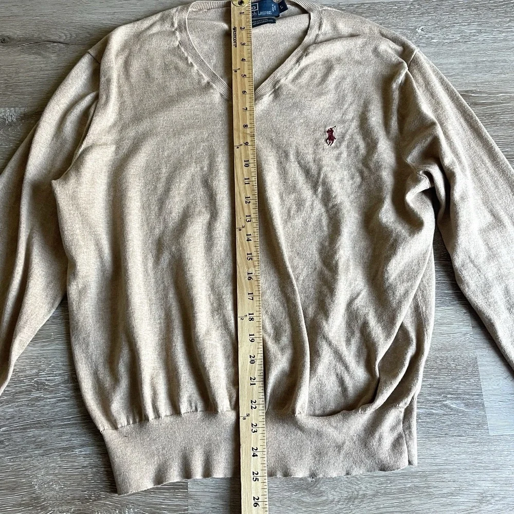 Vintage Polo Ralph Lauren V-Neck Pima Cotton Men's Sweater Large Camel Red Pony
